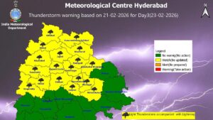 Thunderstorm alert in 18 Telangana districts on February 23